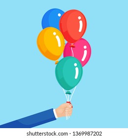 Bunch Of Helium Balloon In Hand, Flying Air Balls  Isolated On White Background. Happy Birthday, Holiday Concept. Party Decoration. Vector Cartoon Design