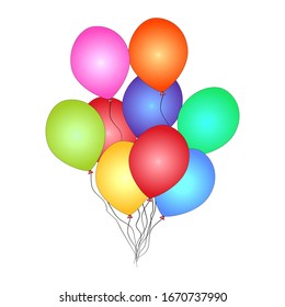 Bunch of helium balloon isolated on white background. Festive colored balloons for happy birthday, anniversary holiday invitation. Party decoration, Valentines day and celebrations event design.Vector