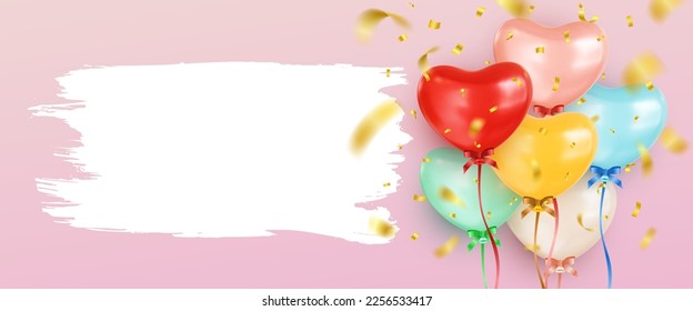 Bunch of helium balloons in the shape of a heart with copy space on the left. Heart icons in different colors. Valentine's Day greeting banner. Realistic 3D vector illustration