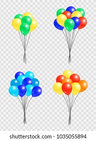 Bunch of helium colorful air balloons isolated on transparent background. Blown rubber inflatable balloon, multicolor creative elements with oxygen