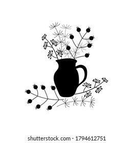 A bunch of herbs and twigs with berries in a vase. Silhouettes of simple twigs, plants, herbarium. Ceramic pitcher, vase.