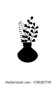 A bunch of herbs in a vase. Silhouettes of simple twigs, plants, herbarium. Ceramic pitcher, vase. Vector hand drawing