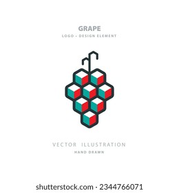 Bunch with hexagon grapes. Grape geometric shape vector illustration. Grape abstract symbol. Part of set.