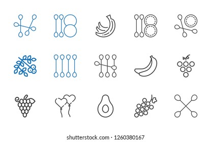 bunch icons set. Collection of bunch with cotton swab, grape, banana, ballons, grapes, viburnum, bananas. Editable and scalable bunch icons.