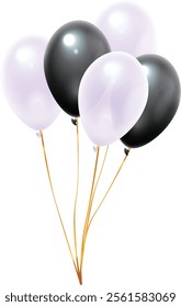 Bunch of inflated black and white balloons floating gracefully with shimmering gold ribbons, creating a festive atmosphere for a party or birthday celebration against a clean white background