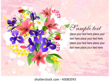 Bunch of irises, lilies and mimosa