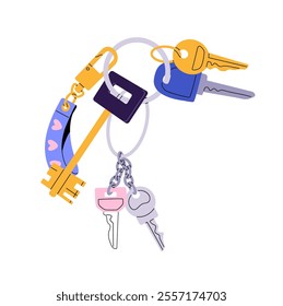 Bunch, keyholder, keyring to lock and unlock house, postbox, doors. Different keys hanging on ring, keyfob with chains, pendants, trinkets. Flat isolated vector illustration on white background