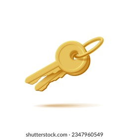 Bunch of keys 3d illustration, golden color classic shape with ring