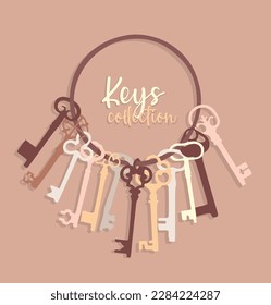 Bunch of keys cute hand drawn isolated silhouette on a pink background. Vector illustration for greeting cards, posters, stickers.