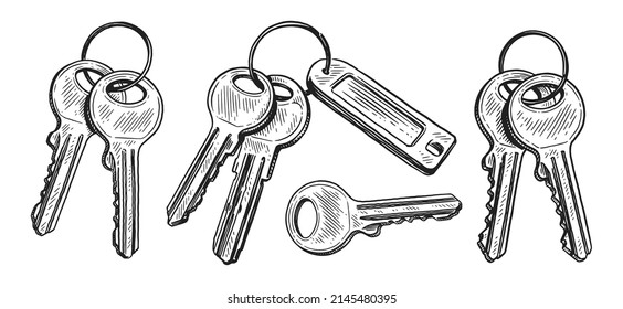 Bunch of keys drawn in sketch style. Renting or buying real estate concept. Vector illustration