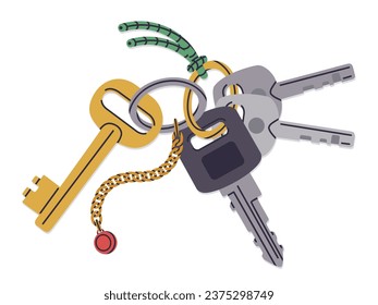 Bunch of keys. Hand drawn house or apartment keys with keyring and keychain flat vector illustration. Real estate entrance locking keys