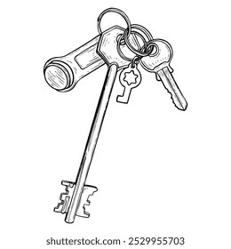 Bunch of keys hand drawn sketch. Key for house front door lock. Opening, closing. Keychain. Vector engraving line art illustration.