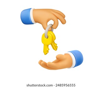 Bunch of keys handover icon. Mortgage or apartment rent concept. Cartoon vector 3d character hand giving yellow door key.