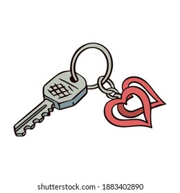 Bunch of keys with a heart shaped keychain. Hand drawn object. Vector isolated illustration on white background.