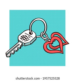 Bunch of keys with a heart shaped keychain. Hand drawn object. Vector isolated illustration pop art