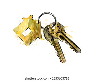 Bunch of keys with house shaped trinket from a splash of watercolor, hand drawn sketch. Vector illustration of paints