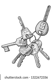 Bunch of keys illustration, drawing, engraving, ink, line art, vector