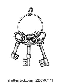 Bunch of keys. Ink sketch isolated on white background. Hand drawn vector illustration. Vintage style.
