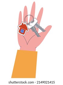 A bunch of keys with a keychain in the form of a house in the palm of your hand. Flat vector illustration. Eps10