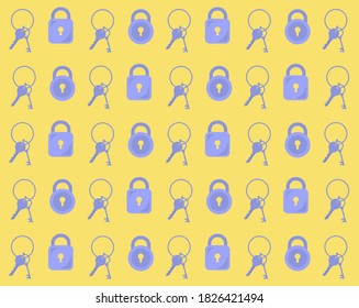 Bunch of keys with padlock vector pattern. Padlock pattern, keys texture. Textile pattern, wrapping paper, concept background, present cover. Padlock, keys icon. Decorative, textured, wall decor. 
