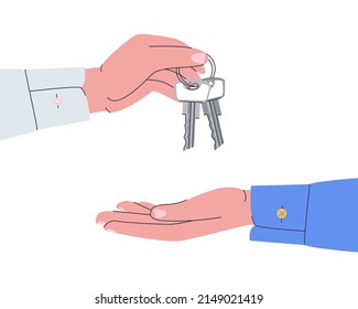 A bunch of keys is passed from hand to hand. Flat vector illustration. Eps10