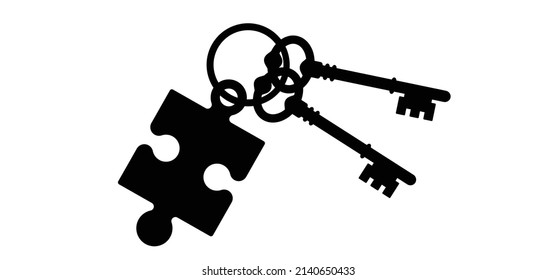 Bunch Of Keys, Ring And Label. Jigsaw Puzzle Pieces. Vector Cartoon Old Antique Ornate Door Key Sign. Door Keys, Close Or Open Door. Doorway Pictogram. Exit Or Entry. Lock, Unluck. Autism Concept.