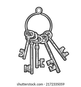 bunch of keys sketch engraving vector illustration. T-shirt apparel print design. Scratch board imitation. Black and white hand drawn image.