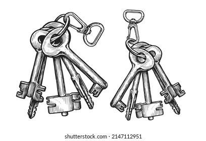 Bunch of keys in sketch style. Vintage vector illustration