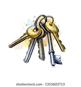 Bunch of keys from a splash of watercolor, hand drawn sketch. Vector illustration of paints