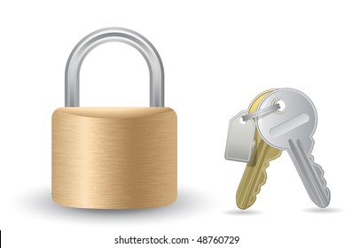 A bunch of keys with a tag and metallic padlock. Vector illustration.