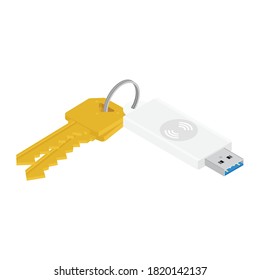 Conjunto de teclas con unidad flash usb aislada en fondo blanco. Vector. Vista isométrica
