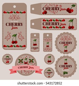 A bunch of labels for jams with cherry
