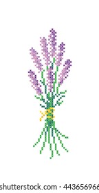 Bunch of lavender flowers on a white background. Cross stitch. Vector element embroidery.