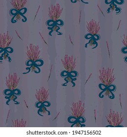 Bunch of lavender flowers tied up with a blue ribbon. Purple floral pattern. Lavender stems decorated with bows. Endless herbal ornament.  