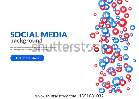 Bunch of like and appreciate emoji background, thumb up stream social media network. Heart and thump icons banner for love and respect. Vector like emoticon background in 3d style.