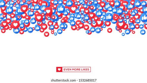 Bunch of like and appreciate emoji icons, thumb up stream social network. Heart and thump floating icons. Vector illustration in 3d style. Like background for live video chat.