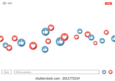 Bunch of like and appreciate emoji icons, thumb up stream social network. Heart and thump icons background for live video live stream.