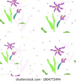 a bunch of lilac flowers.pixel art.vector illustration.seamless pattern.