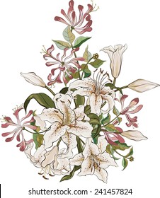 Bunch of lilies and honeysuckle isolated on white background