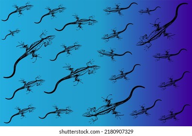 Un montón de lagartos esparcidos en un fondo azul