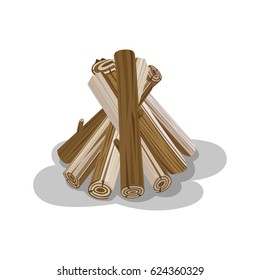 Bunch of logs with shadow isolated on white. Neatly stacked firewood elements to make fire. Wooden brickets placed together to start fire. Isolated vector of round billets in cartoon style