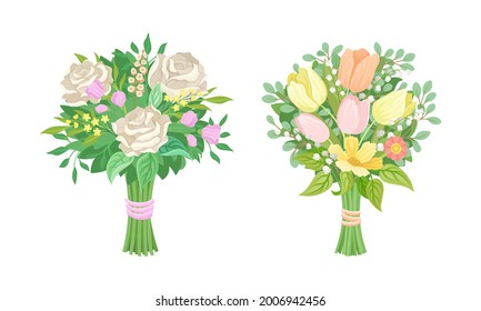 Bunch of Lush Flowers with Green Leafy Branches Vector Set