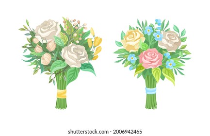 Bunch of Lush Flowers with Green Leafy Branches Vector Set