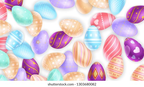 Bunch of majestic Easter eggs decorated with various ornaments on white background 