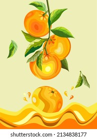 A bunch of many oranges fruit with green leaves and one of orange fruit drops drown to orange juice. Flat vector image.