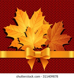 Bunch of maple leaves on the knitted background