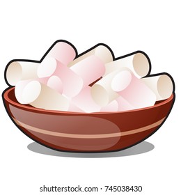 A bunch of marshmallows in a clay bowl isolated on white background. Vector cartoon close-up illustration.
