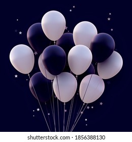 Montón de globos blancos y violeta mate con hilos sobre fondo violeta oscuro. Ilustración festiva vectorial.