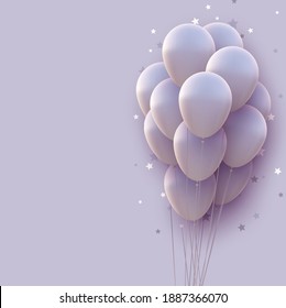 Bunch of matt white balloons with threads on white background. Stars confetti. Space for text. Vector festive illustration.