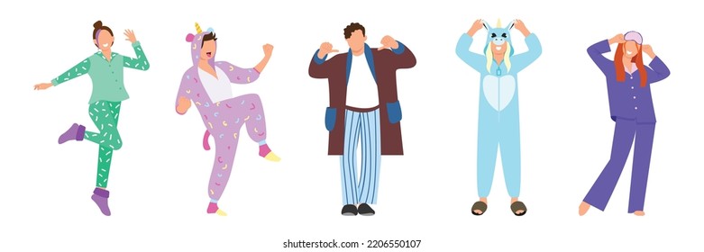 A bunch of men and women dressed in pajamas, kingurumi. Set of people in overalls, pajamas or kigurumi on a white background. Flat vector illustration